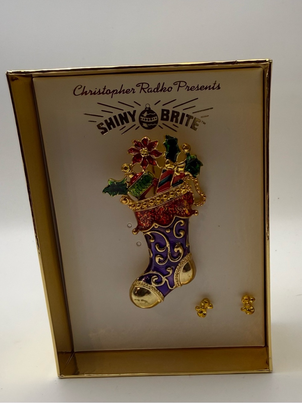 Christopher Radko Shiny Brite
Christmas Stocking Enamel
Brooch Pin 3in